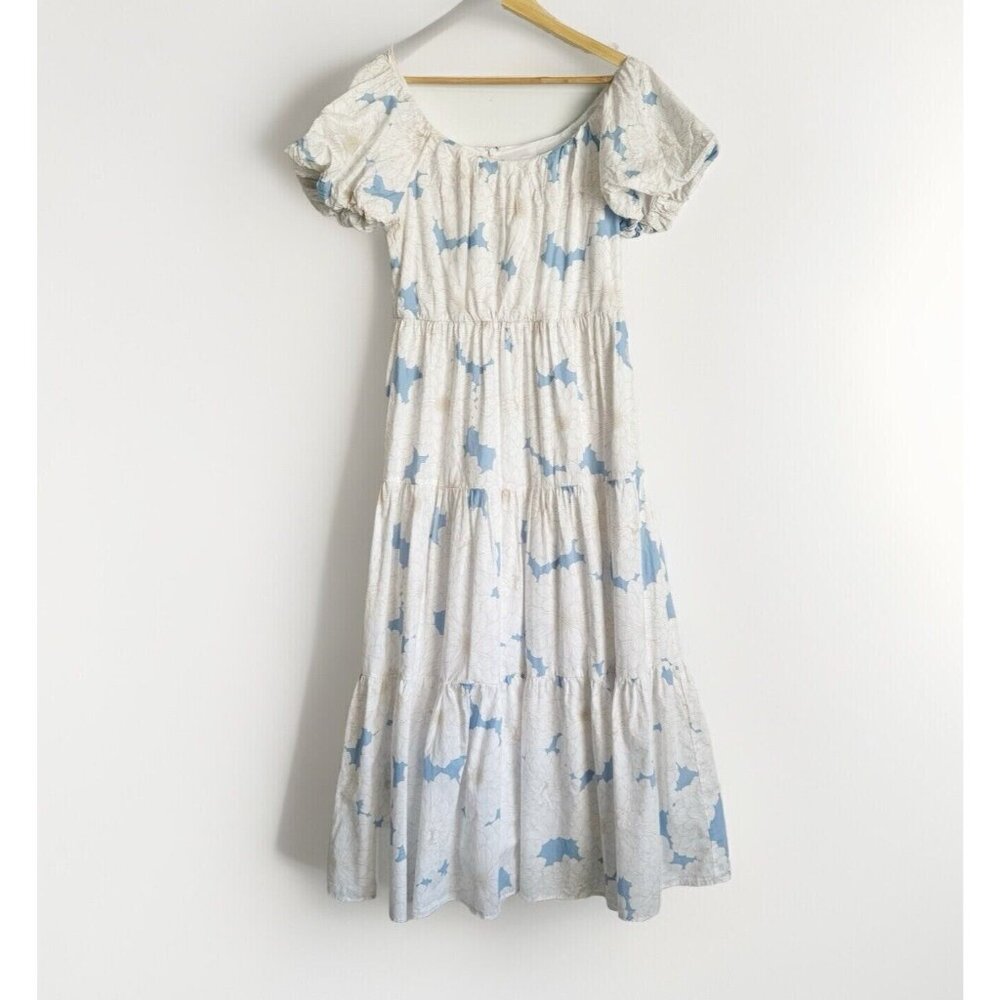 Calvin Klein White Blue Floral Tiered Puff Sleeve Maxi Dress 10 Cottagecore